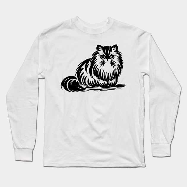 Stick figure of Persian cat in black ink Long Sleeve T-Shirt by WelshDesigns